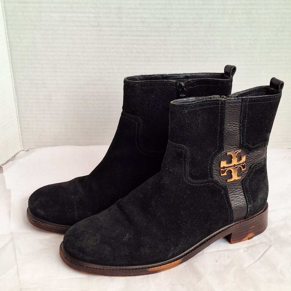 Tory Burch Black Suede Ankle Boots with Gold Logo